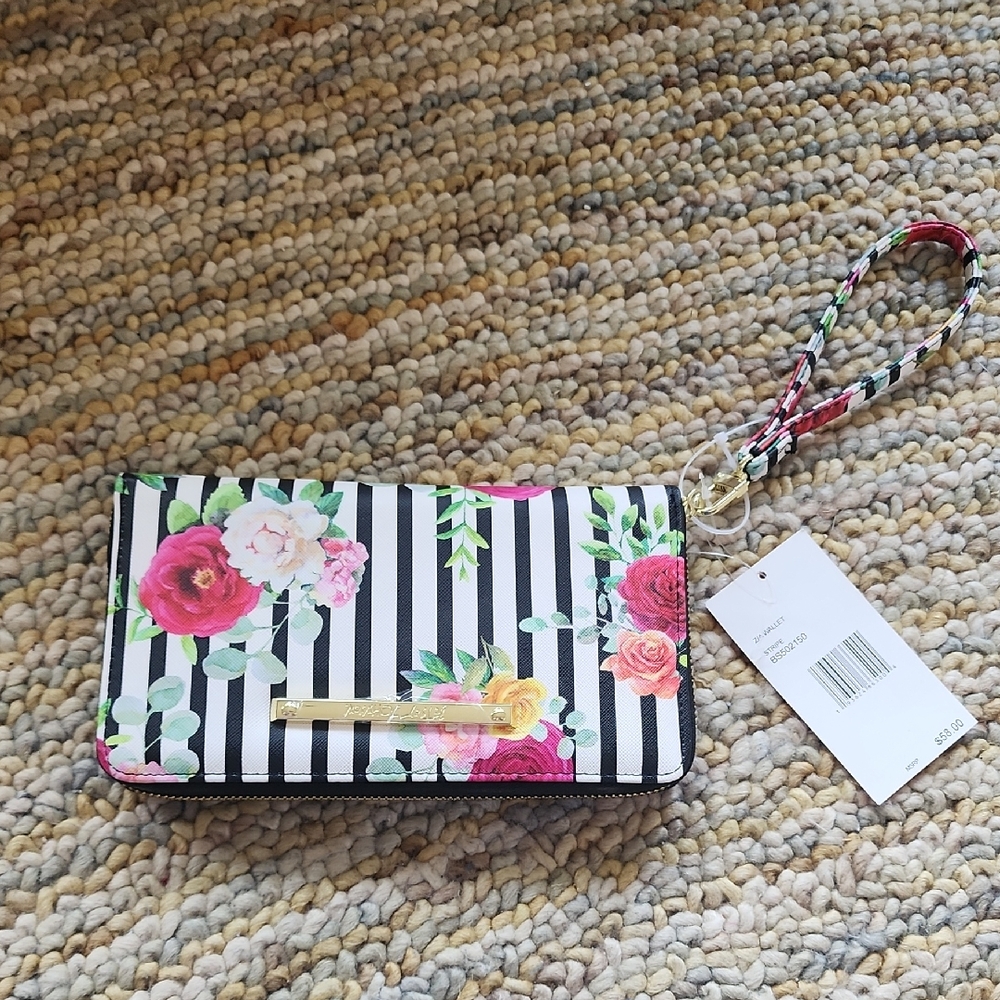 Betsey Johnson Black and Pink Floral Stripe Clutch